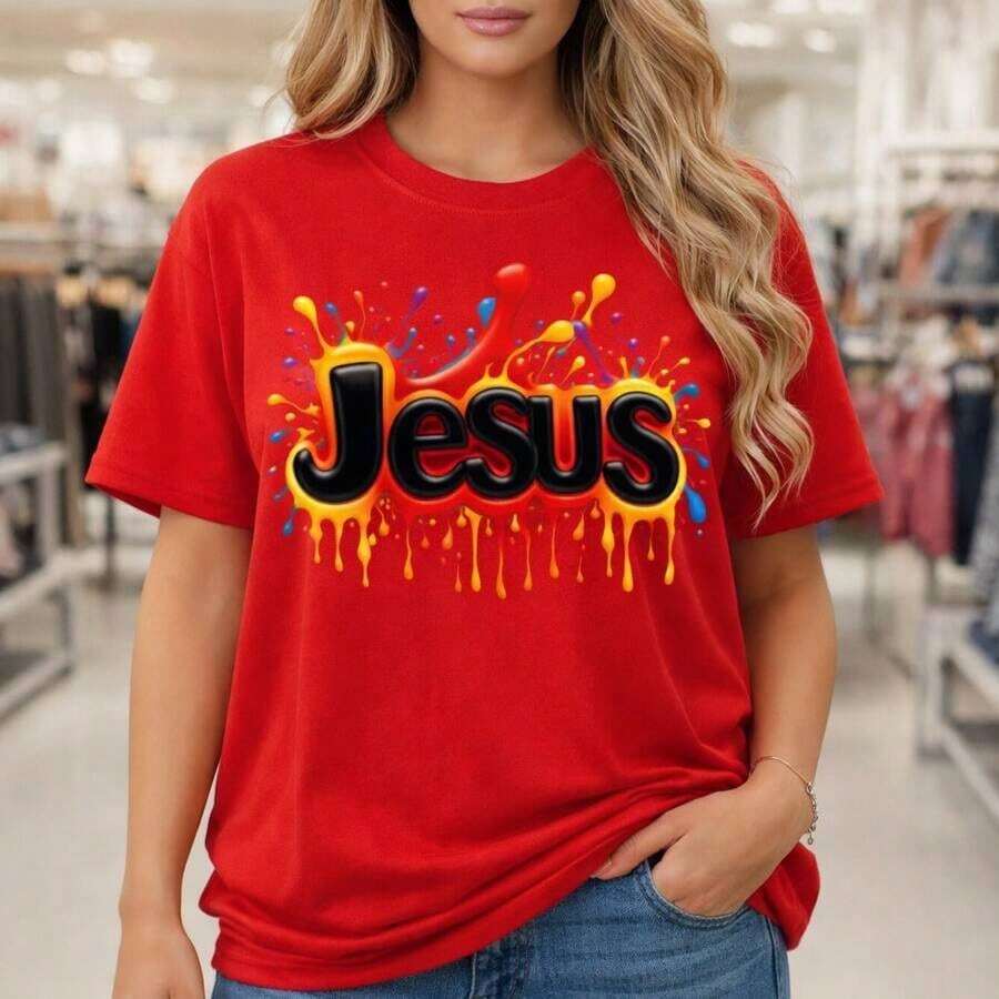 Women's Casual Cotton T-Shirt With Jesus Print, Short Sleeve, Religious Print, Loose Fit, Round Neck, Comfortable Cotton Top For Daily Wear, Colorful Jesus Letter Print, Religious Clothing, Soft Cotton Fabric, Breathable Casual T-Shirt. - 紅色 - 查看 1