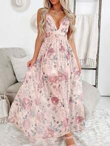 Acelitt Vestido de tirantes finos con cuello en V profundo, cintura alta, plisado y espalda descubierta, con estampado floral, adecuado para boda, dama de honor, vacaciones de primavera, fiesta elegante - Rosa - Ver 11