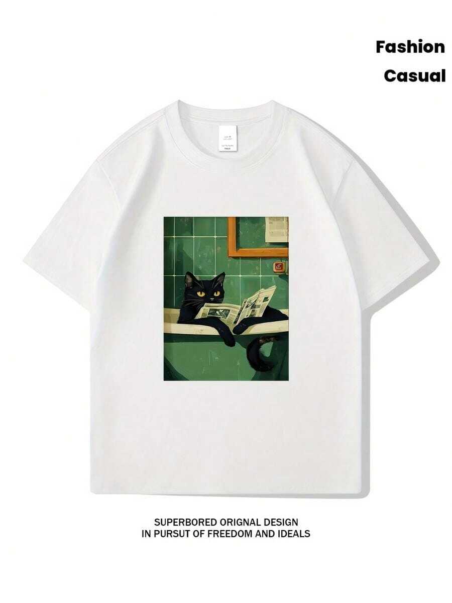 Camiseta de Cuello Redondo con Estampado Divertido y Creativo de Gato Leyendo Periódico, Algodón Puro, Manga Corta de Moda Veraniega, Estilo Casual para Uso Diario - Blanco - Ver 1