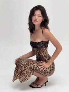 Vestido Largo Elegante Encaje Leopardo Lentejuelas Sin Tirantes Nueva Llegada - Negro - Ver 1