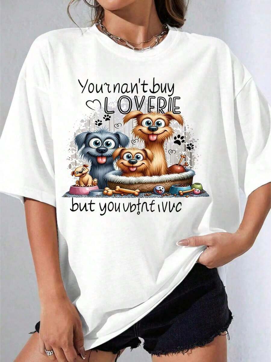 Camiseta Negra y Blanca para Niña, Linda Camiseta para Amantes de Perros, con Estampado de Perros de Dibujos Animados y Texto de Amor, para Uso Casual y Entusiastas de Mascotas, Camiseta Estampada Casual para Fiestas al Aire Libre, 180g - Blanco - Ver 1