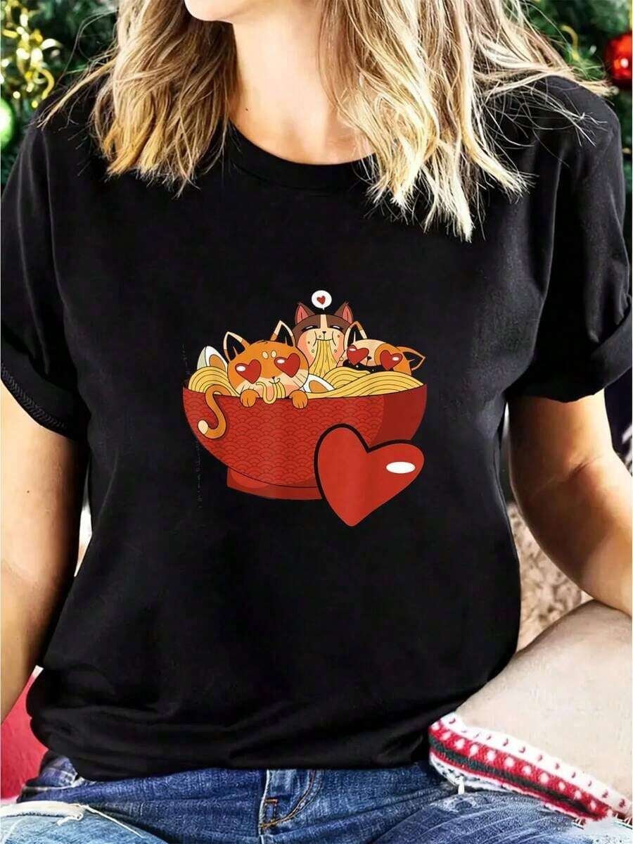 LooseCamiseta de anime de gatos de corazón, fideos ramen, linda camiseta de gatito para el Día de San Valentín, camisetas gráficas jpg, tops cortos para mujeres, ropa de otoño para mujeres, conjuntos para mujeres, ropa de otoño para mujeres, tops, camisetaBasic Crew Neck Cotton T-shirt for Women - Negro - Ver 1