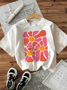 Camiseta de edición limitada con estampado gráfico, manga corta, cuello redondo, top casual para verano y primavera, ropa de mujer, algodón ligero. - Negro - Ver 8