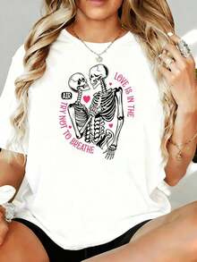 El Amor Está En El Aire, Intenta No Respirarlo, Camiseta Gráfica de Pareja de Esqueletos, Camiseta Blanca Casual de Talla Grande para Mujer, Camiseta de Halloween de 180g, para Ocio en Casa, al Aire Libre, Regalo para Fiesta de San Valentín - Blanco - Ver 7