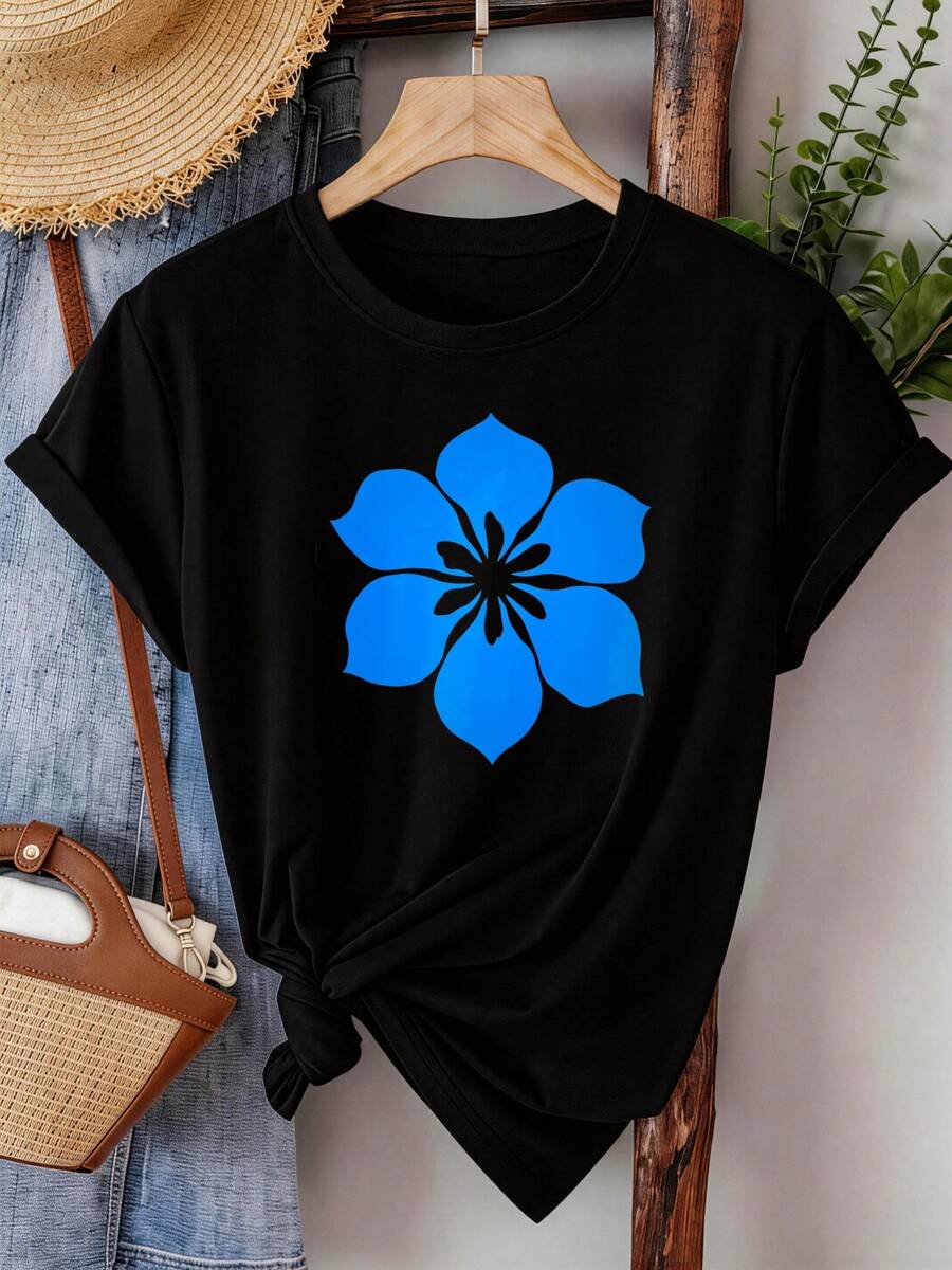 Camiseta de mujer 100% algodón, cuello redondo, diseño floral azul, estampado, estilo minimalista, corte holgado. |   Tops de mujer |   Tops de Moda de Verano para Mujer - Negro - Ver 1