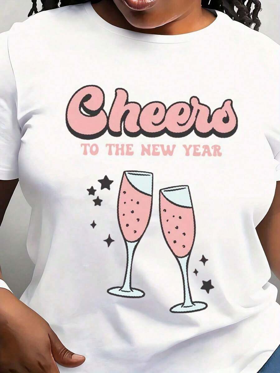 Women's T-Shirt With Pink Champagne Glasses And Stars Print, Casual Style, Round Neck, Short Sleeve, Perfect As A Birthday Gift, Suitable For Wear In All Seasons, Ideal For Daily Outdoor Use. - 白色 - 查看 1