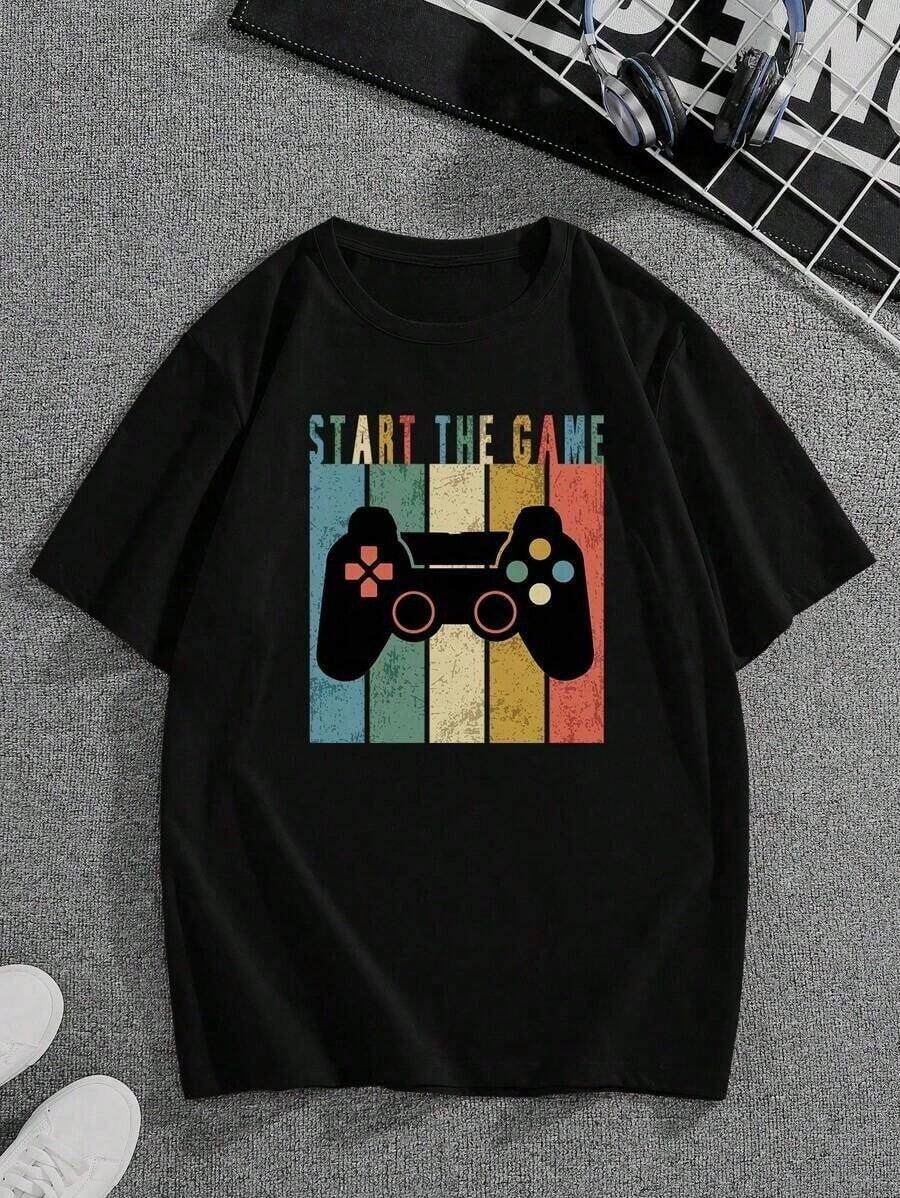 Manfinity Dauomo Men's Polyester T-Shirt With Game Controller & Letter Print - Perfect Birthday Or Holiday Gift Choice For Friends, Family, Boyfriend Or Girlfriend - 黑色 - 查看 1