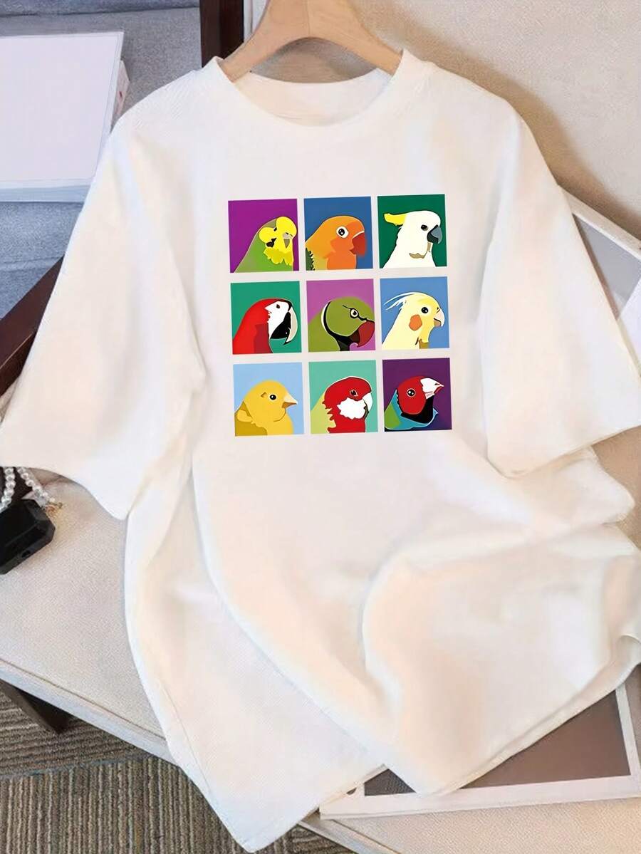 Camiseta de manga corta de algodón puro para mujer con estampado de diseño único, nuevo estilo de verano 2025, corte holgado, top adelgazante para estudiantes. - Blanco - Ver 1