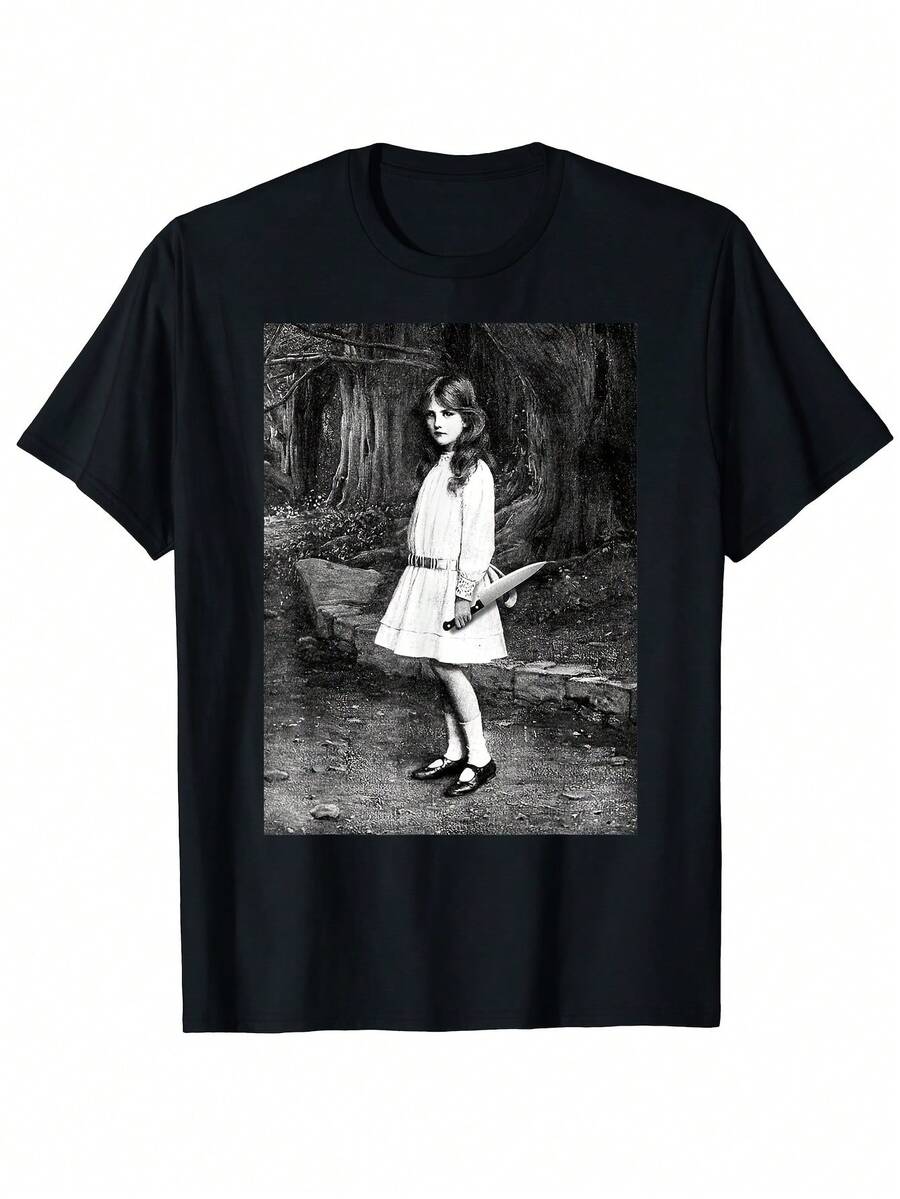 Unisex 100% Cotton T-Shirt With Terrifying Nightmare Butcher Knife Design, Stretchy, Classic Black, For Sports, Travel, Casual Daily Wear - 黑色 - 查看 1