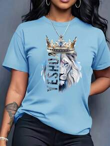 Camiseta Azul con la Corona del Rey León, Cuello Redondo Casual, Manga Corta, Ropa de Mujer para Primavera y Verano - Rojo - Ver 8