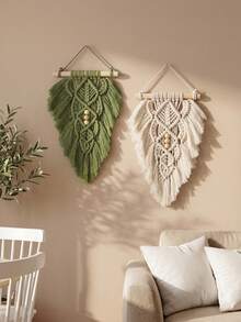 1pc Macrame Wall Hanging, Handwoven Boho Style Wall Decor Tapestry, Green & Ivory Leaf & Feather Background - Multicolor - View 8