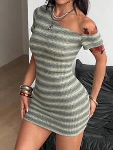 Vestido corto de manga corta asimétrico, de cuello básico, de uso diario, casual, elástico y minimalista estilo Y2K para mujer, apto para todas las estaciones - Multicolor 2 - Ver 4