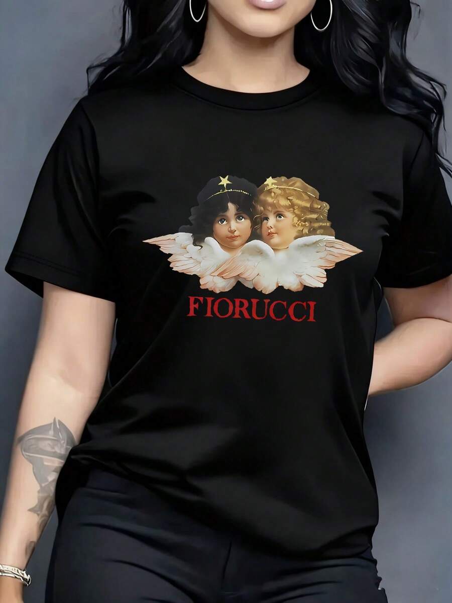 Women's fashionable T-shirt, featuring the "Mighty Man from and " pattern print, made of 100% pure cotton with a round neck and short sleeves. It is comfortable and breathable, casual and elegant, a must-have for summer. - Negro - Ver 1