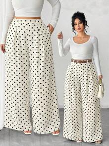 Pantalones de pierna ancha para mujer de talla grande, unicolor albaricoque, estilo elegante, de moda para ir al trabajo y la oficina - Albaricoque - Ver 1