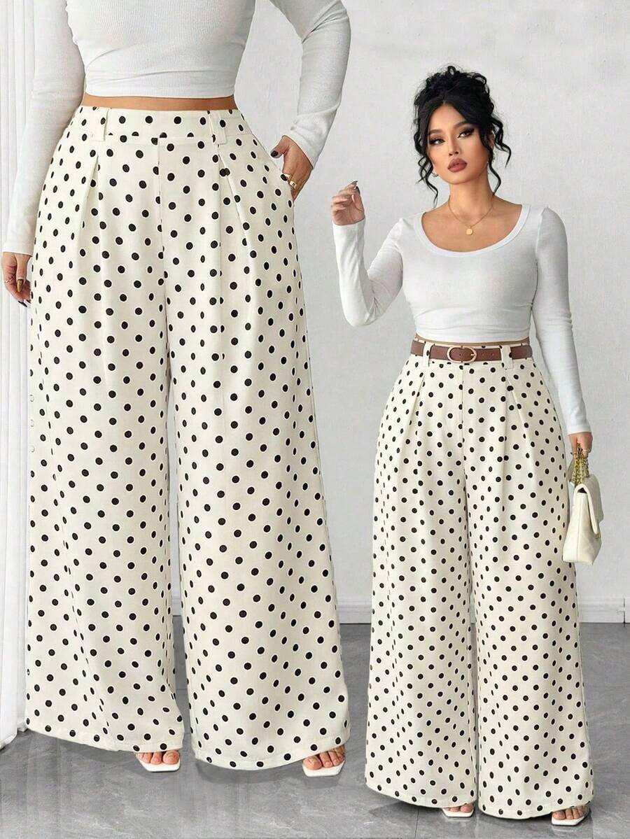 Pantalones de pierna ancha para mujer de talla grande, unicolor albaricoque, estilo elegante, de moda para ir al trabajo y la oficina - Albaricoque - Ver 1