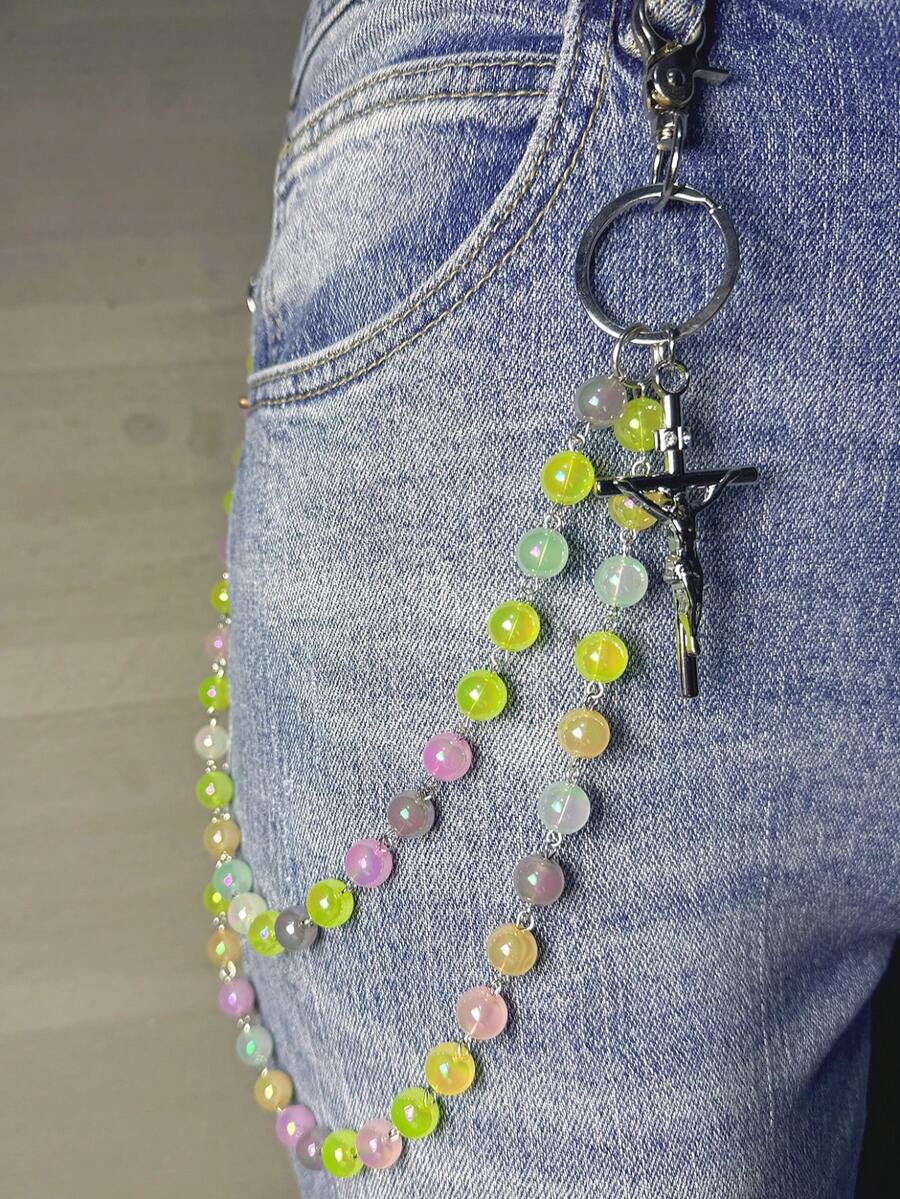 1条彩色串珠个性化链条钱包链，时尚牛仔裤/休闲裤装饰链，适合日常、派对、音乐节等场合佩戴，颜色随机排列 - 彩色 - 查看 1