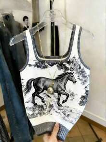 Blusa casual y versátil de uso diario con estampado de caballos para mujer - Azul y blanco - Ver 1