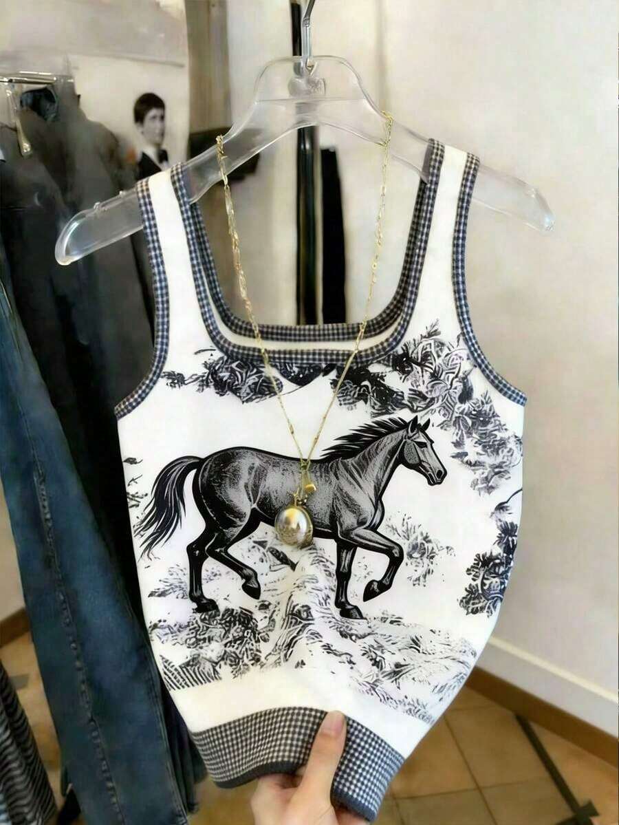 Blusa casual y versátil de uso diario con estampado de caballos para mujer - Azul y blanco - Ver 1