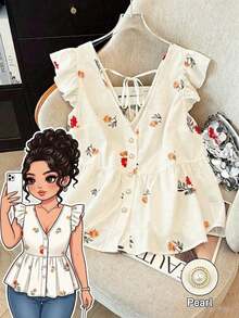Blusa de mujer de talla grande con estampado floral de gasa, estilo casual de frente abierto tipo resort, versátil para primavera, verano y otoño - Albaricoque - Ver 1