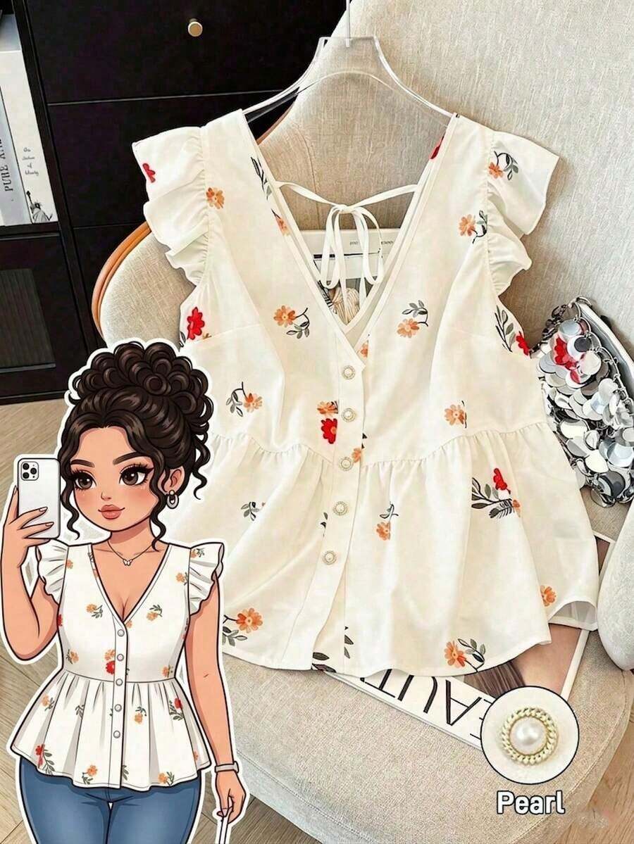 Blusa de mujer de talla grande con estampado floral de gasa, estilo casual de frente abierto tipo resort, versátil para primavera, verano y otoño - Albaricoque - Ver 1