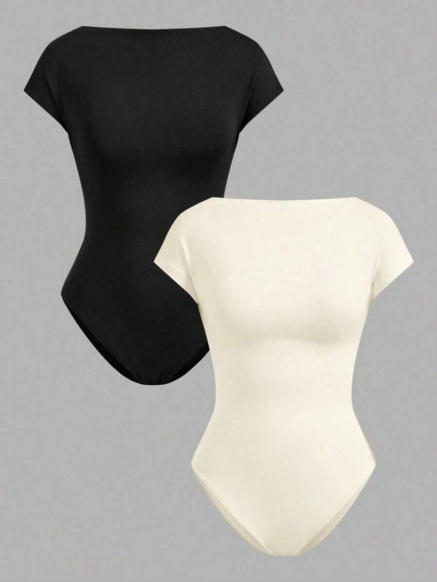 Conjunto de 2 piezas sexy para mujer, body casual con escote barco, sin espalda, de manga corta, ajustado, apropiado para el verano - Multicolor - Ver 1