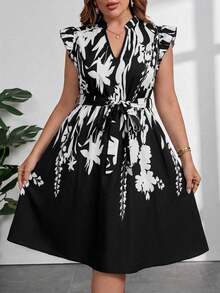 Vestido con estampado gráfico, cuello con muesca, volantes, cinturón, lunares, vestidos para mujer, vestidos casuales de primavera, vestidos de picnic, vestidos de verano, vestidos de primavera, vestidos de festival, vestidos de Pascua, vestid - Negro - Ver 3