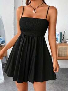Vestido De Tirantes Con Pliegues Sólidos Para Mujeres - Negro - Ver 5