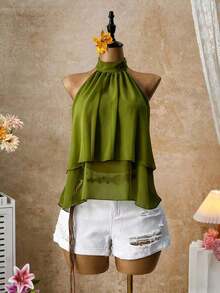 Blusa con cuello halter amarilla, blusa elegante con cuello halter, bajo con volantes en forma de A y cuello con lazo, camisa casual de oficina de color amarillo claro, blusa con cuello halter y espalda descubierta para playa y vacaciones - Verde Oliva - Ver 4