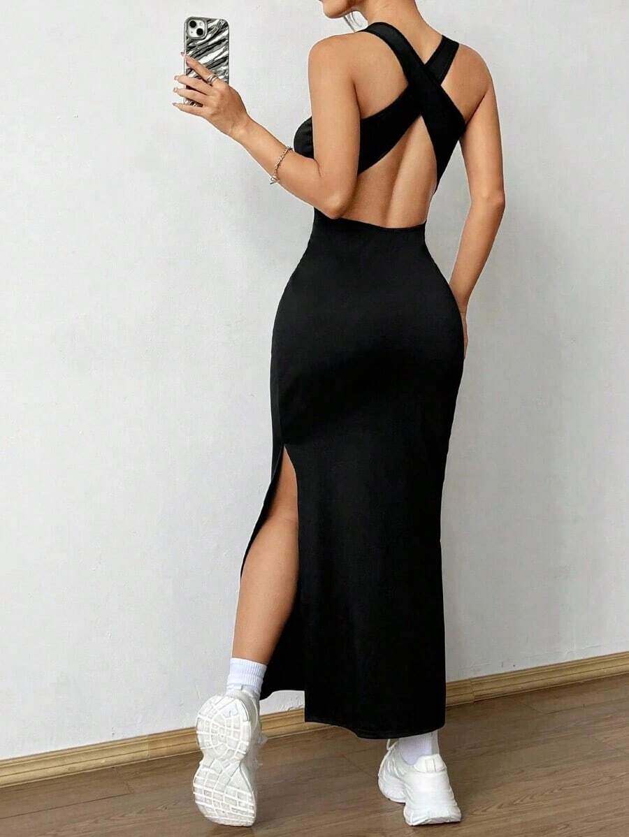 Vestido de verano de unicolor para mujer con espalda cruzada y abertura, vestido largo tipo ajustado Maxi para mujeres - Negro - Ver 1