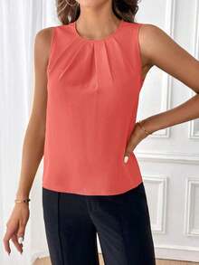Clasi Blusa sin mangas con detalle de pliegues y escote de ojo de cerradura, blusas sin mangas - Rosado Sandía - Ver 3
