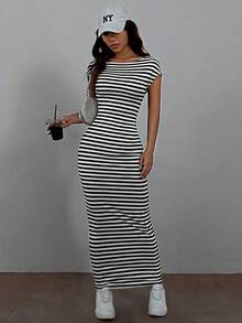 Vestido de punto ceñido informal de verano con rayas y espalda descubierta - Blanco y Negro - Ver 5