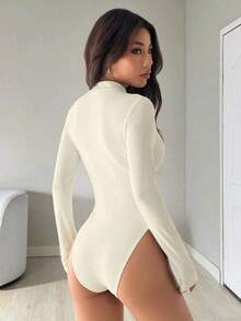 Body de mujer con cuello alto y manga larga, de uso casual - Albaricoque - Ver 2