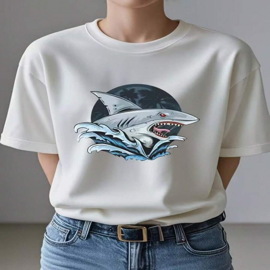 Camiseta informal de mujer de algodón con cuello redondo y manga corta, estampado de tiburón, corte regular. - Blanco - Ver 1
