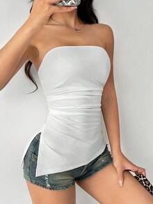 Top negro sin tirantes con pliegues y abertura - Blanco - Ver 7