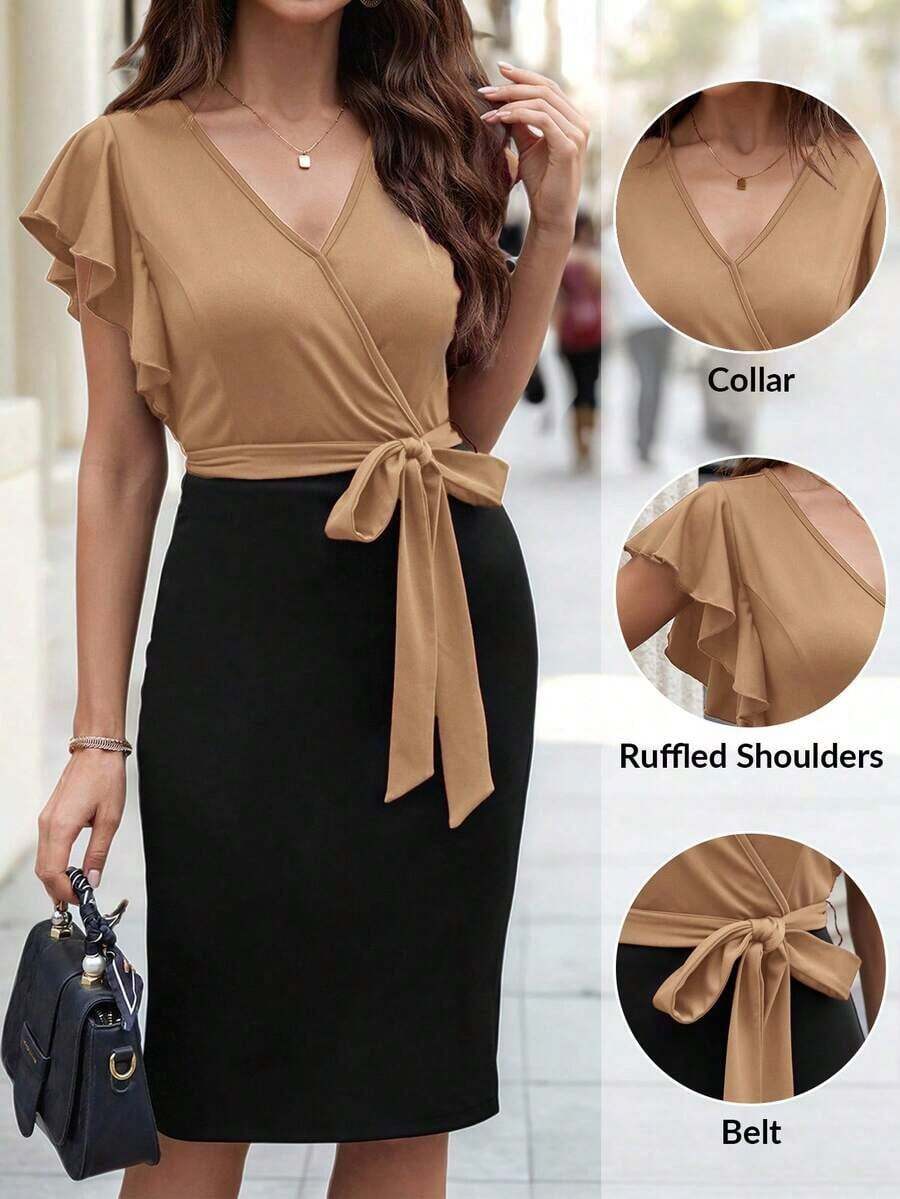 Vestido midi con estampado floral y cuello en V con mangas cortas, elegante para vacaciones - Caqui - Ver 1