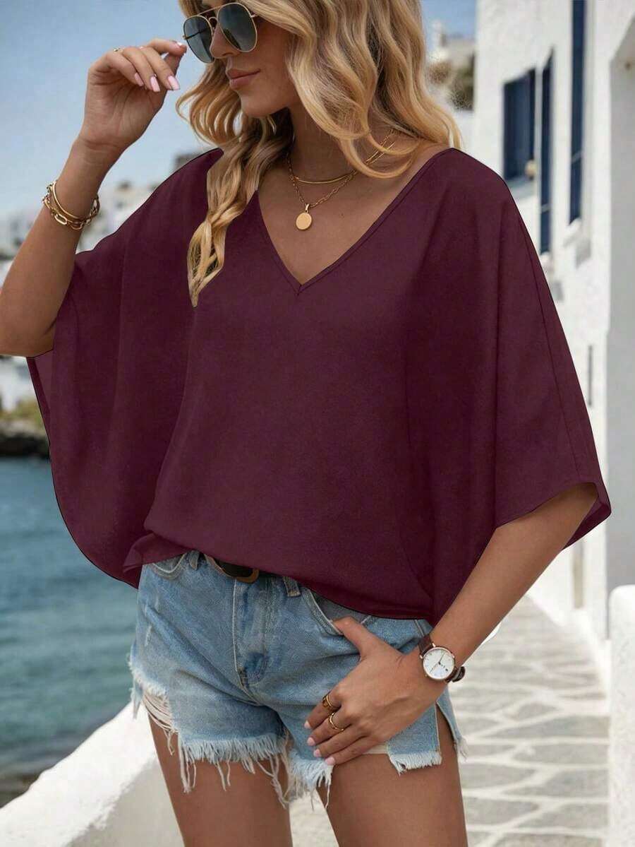 Camisa de manga de murciélago de unicolor casual, verano - Burdeos - Ver 1