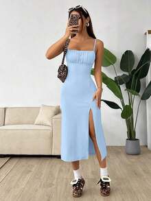 Vestido midi de leopardo con abertura lateral y tirantes - Azul - Ver 4