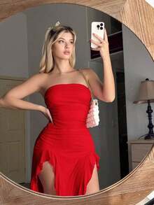 Vestido tubo fruncido bajo asimétrico - Rojo - Ver 3