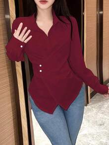 Blusa larga de manga larga con nudo de mujer, color liso, camisa de mujer para primavera y otoño, blusas de manga larga - Burdeos - Ver 7