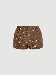 Pantalones cortos negros glamorosos de mujer con adornos de lentejuelas - Café integral - Ver 2