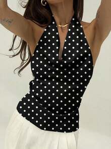 retro sexy con estampado de lunares en todo el diseño, cuello halter profundo drapeado, espalda descubierta y lazo trasero, adecuada para citas - Negro - Ver 1