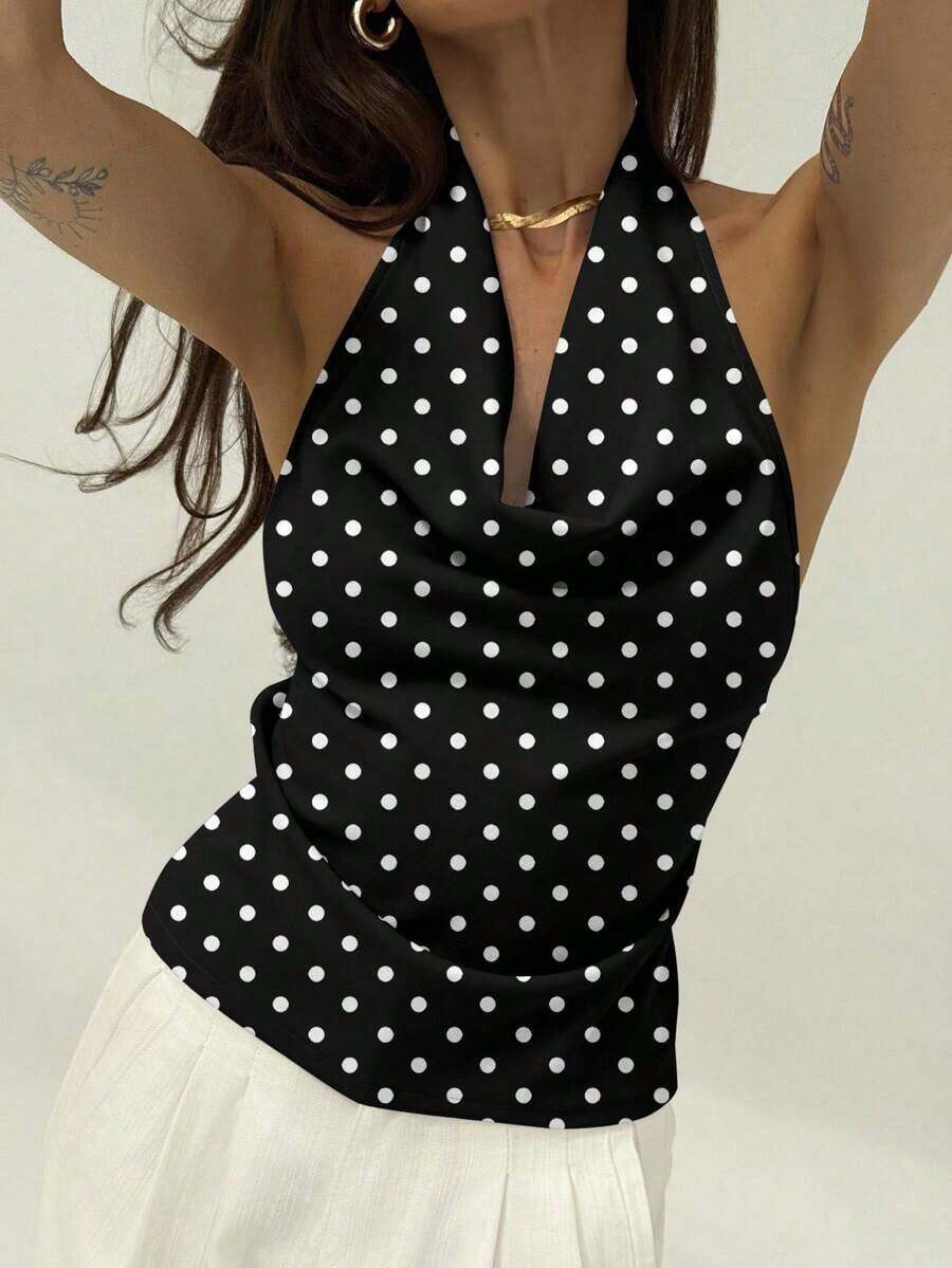 retro sexy con estampado de lunares en todo el diseño, cuello halter profundo drapeado, espalda descubierta y lazo trasero, adecuada para citas - Negro - Ver 1