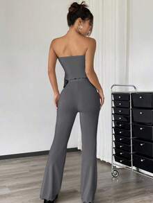 Conjunto de dos piezas con top asimétrico bandeau fruncido de unicolor y pantalones acampanados para mujer - Gris - Ver 2