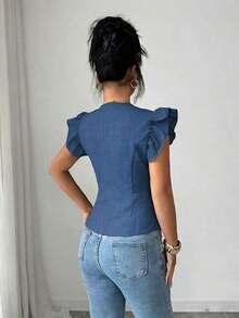 Flora Isola Cárdigan elegante de mujer con cuello en V y decoración de hebilla metálica, cintura ajustada y mangas con volantes, blusa refinada para damas - Azul - Ver 2