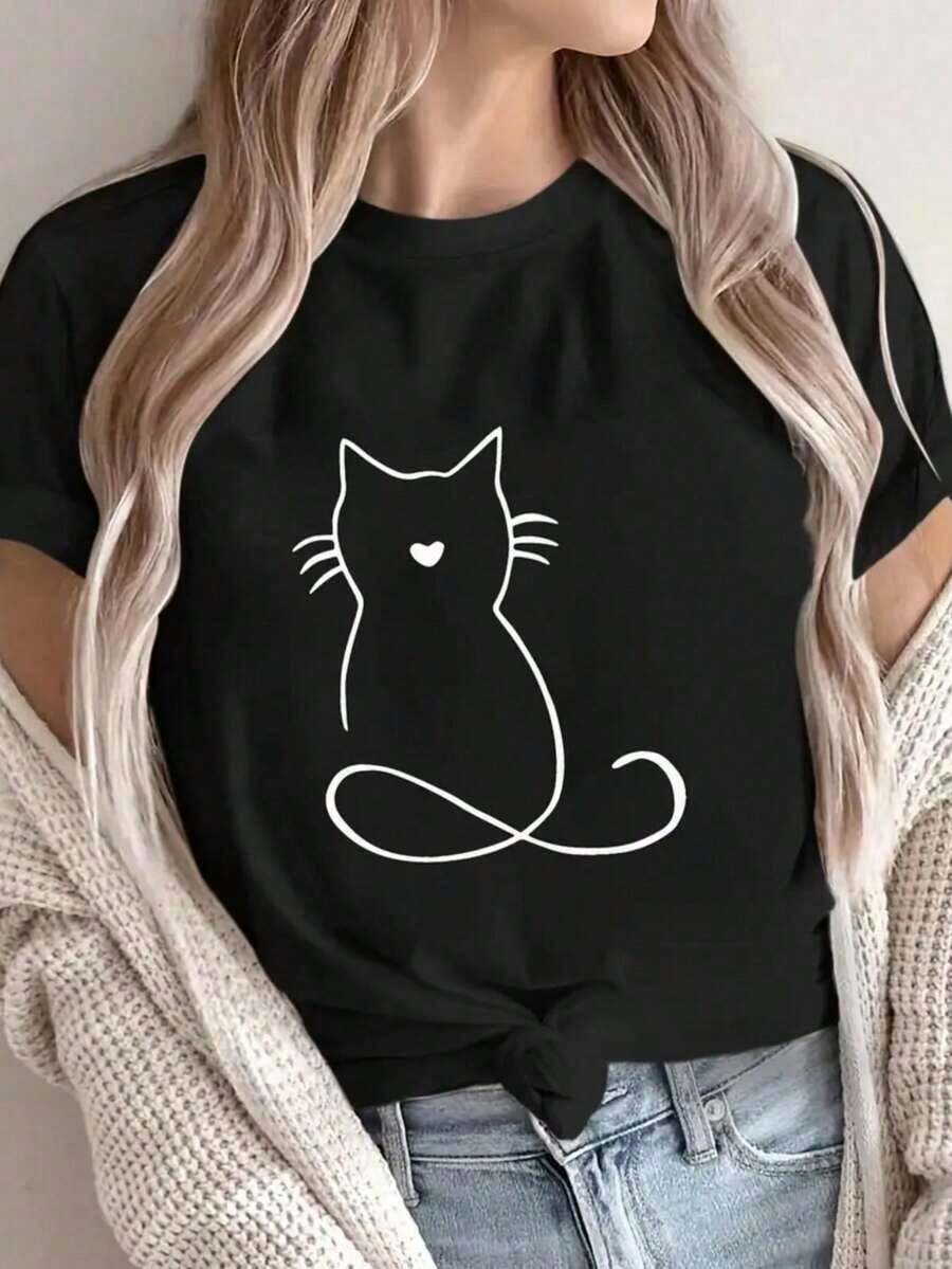 Women's 100% Cotton T-Shirt, Cat Print, Round Neck, Short Sleeve, Letter Print, Casual Summer Loungewear. - 黑色 - 查看 1