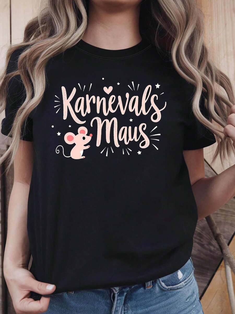 Women's "Karnevals Maus" T-Shirt With German Carnival Mouse Theme, Pink And White, With Cartoon Mouse Star Decoration, Casual Short Sleeve Style, Pink And White German Festive Outfit. - 黑色 - 查看 1