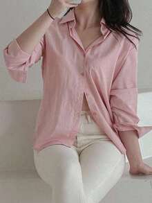Blusa holgada y versátil de unicolor para mujer, prenda de vestir de otoño con manga larga - Rosa - Ver 6
