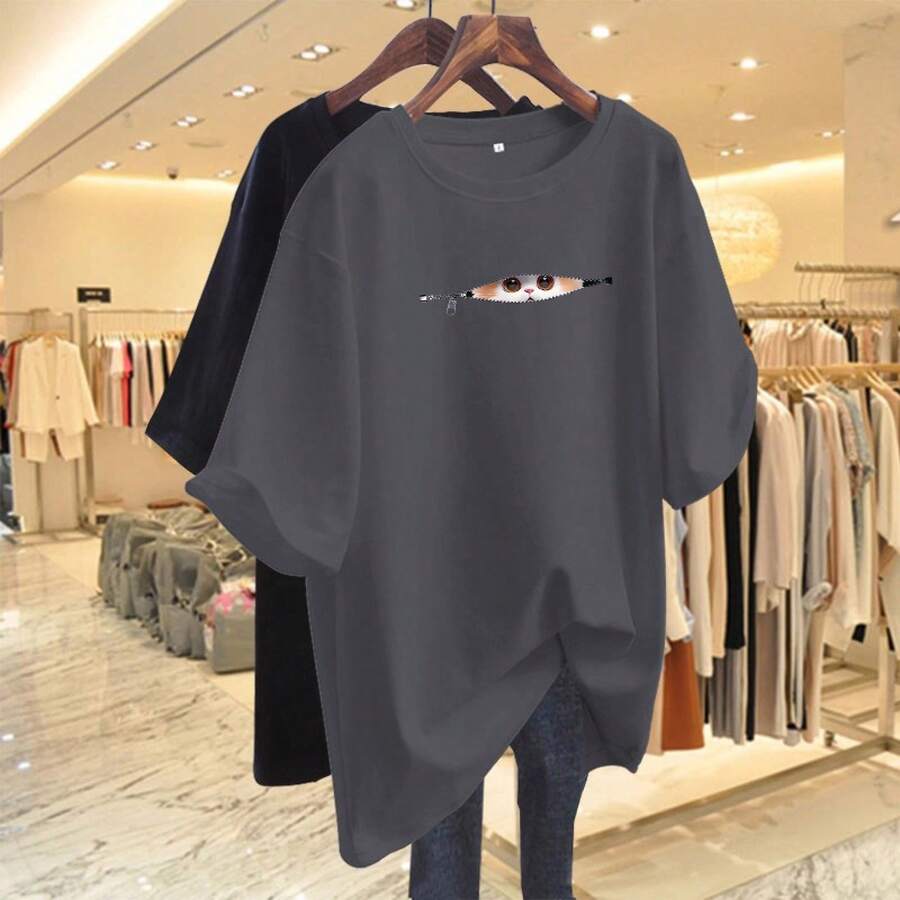 Women's Casual Printed T-Shirt, Short Sleeves, Round Neck, Spring/Summer Urban Fashion Unisex T-Shirt. QUQM - Màu xám đen - Xem 1