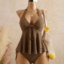 Traje de baño de encaje con cuello halter, tirantes ajustables, volantes, bikini de dos piezas que realza la figura, ideal para aguas termales. - Rosa Fucsia - Ver 4
