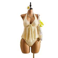 Traje de baño de encaje con cuello halter, tirantes ajustables, volantes, bikini de dos piezas que realza la figura, ideal para aguas termales. - Rosa Fucsia - Ver 6
